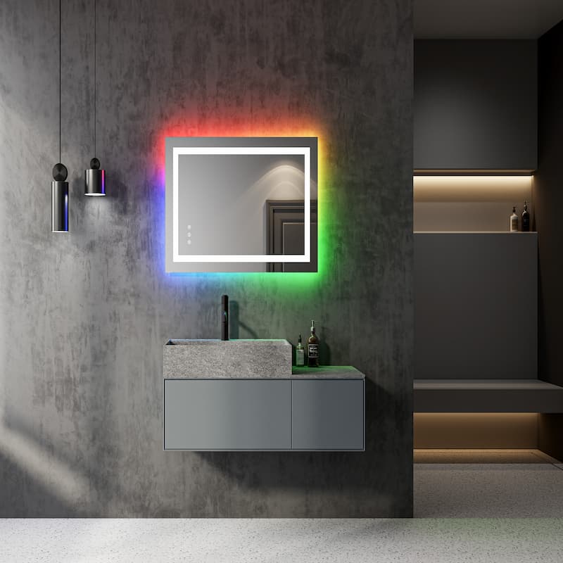 مرآة الحمام بدون إطار DP389 مع إضاءة RGB LED قابلة للتعتيم ووظيفة مضادة للضباب